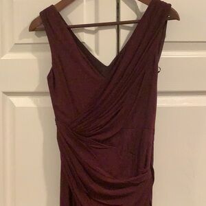 Karen Millen maroon asymmetrical draped evening dress.